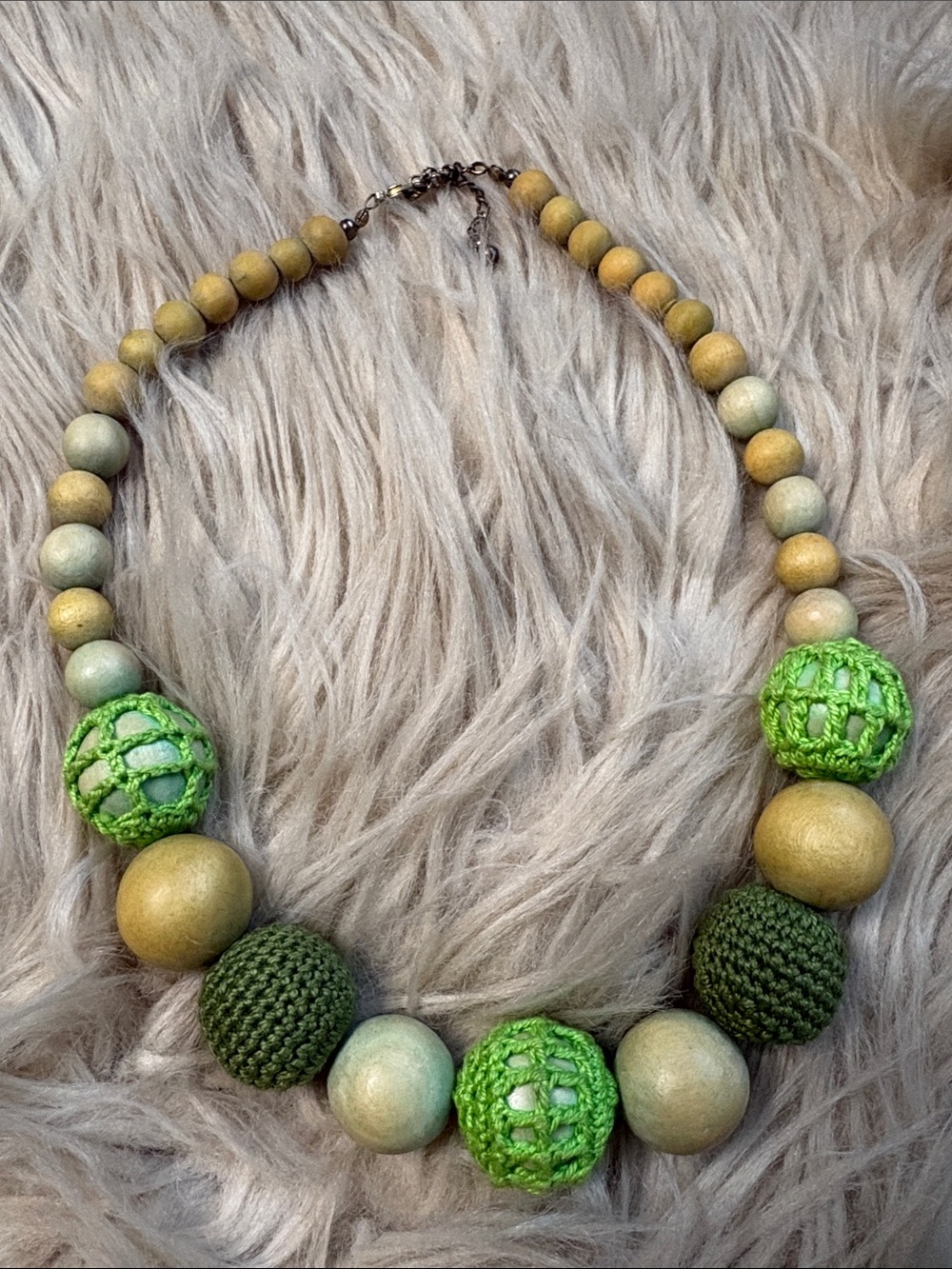 Green Wooden Bead Necklace with Crochet Accents